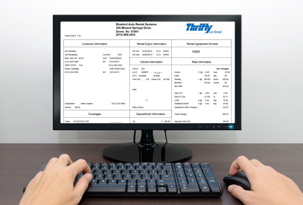 Car rental software printing rental contract